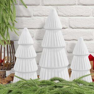 3 Pcs Velvet Ceramic Christmas Trees, Xmas White Modern Velvet Cone Decorations